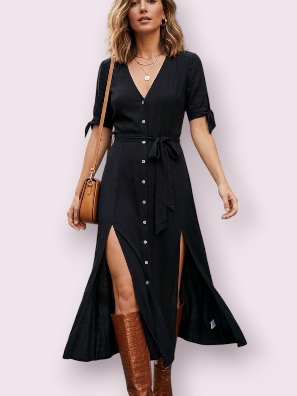 Reformation Black Linen Button Up Shirt Dress High Side Slits Size Small